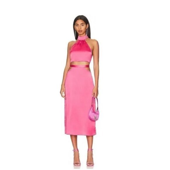 WeWoreWhat Dresses & Skirts - Cutout Satin Charmeuse L Midi Skirt Hot Pink Side Slits Waist Tie By WeWoreWhat